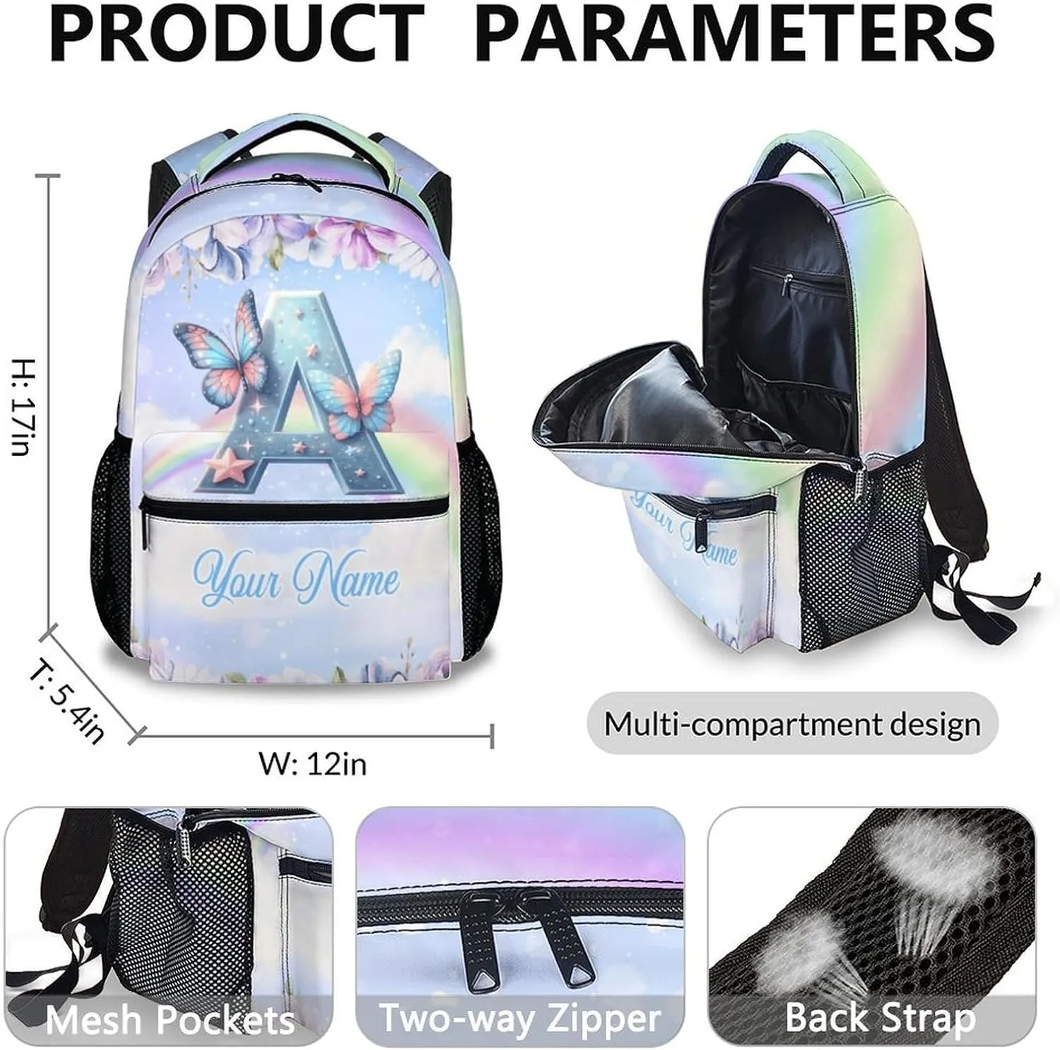 Custom Kids Backpack, 17 Inch Personalized Fairy Bookbags for Kids, Preschool Elementary Kindergarten Backpack, Monogram School Bag for Girls, Set of 3 School Bag Matching Combo
