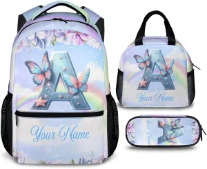 Custom Kids Backpack, 17 Inch Personalized Fairy Bookbags for Kids, Preschool Elementary Kindergarten Backpack, Monogram School Bag for Girls, Set of 3 School Bag Matching Combo