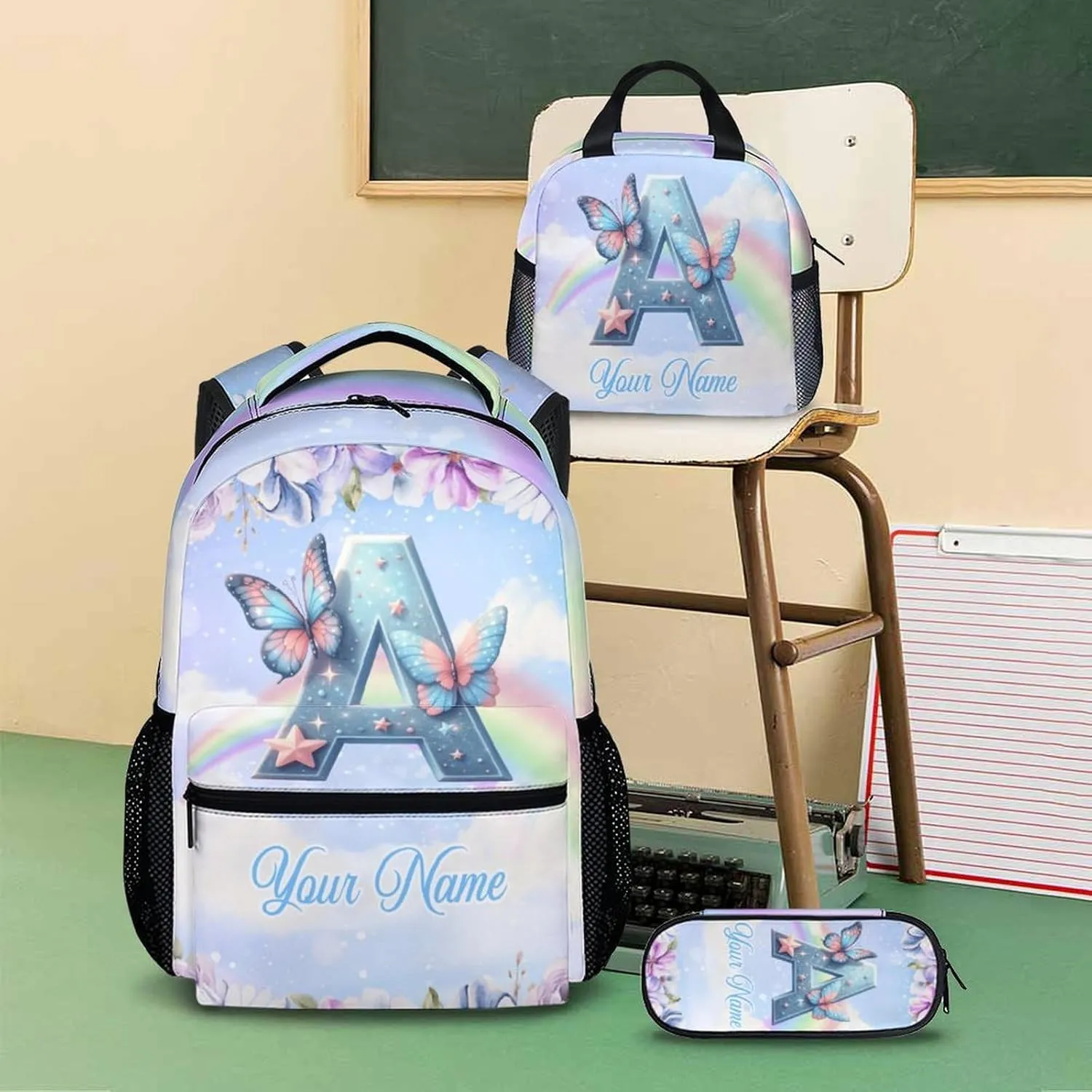 Custom Kids Backpack, 17 Inch Personalized Fairy Bookbags for Kids, Preschool Elementary Kindergarten Backpack, Monogram School Bag for Girls, Set of 3 School Bag Matching Combo