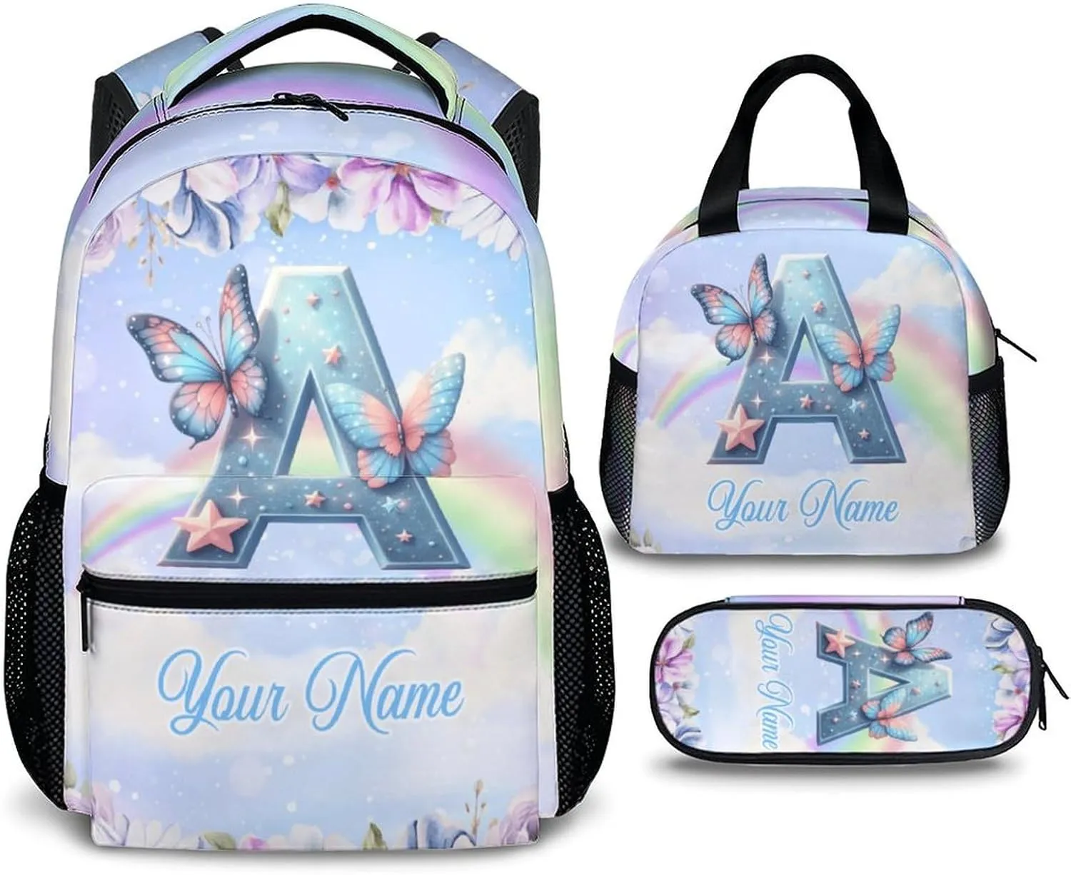 Custom Kids Backpack, 17 Inch Personalized Fairy Bookbags for Kids, Preschool Elementary Kindergarten Backpack, Monogram School Bag for Girls, Set of 3 School Bag Matching Combo
