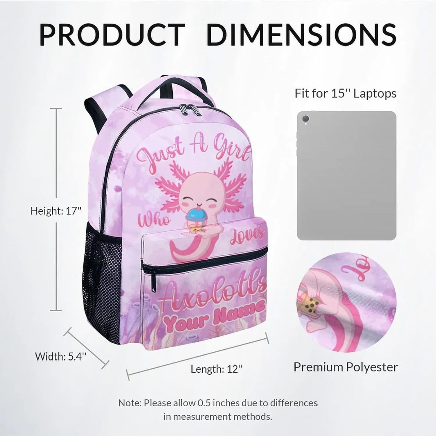 Custom Kids School Backpack - 17 Inch Cute Axolotl Bookbag for Girls - Durable Pink School Bag for Elementary & Travel