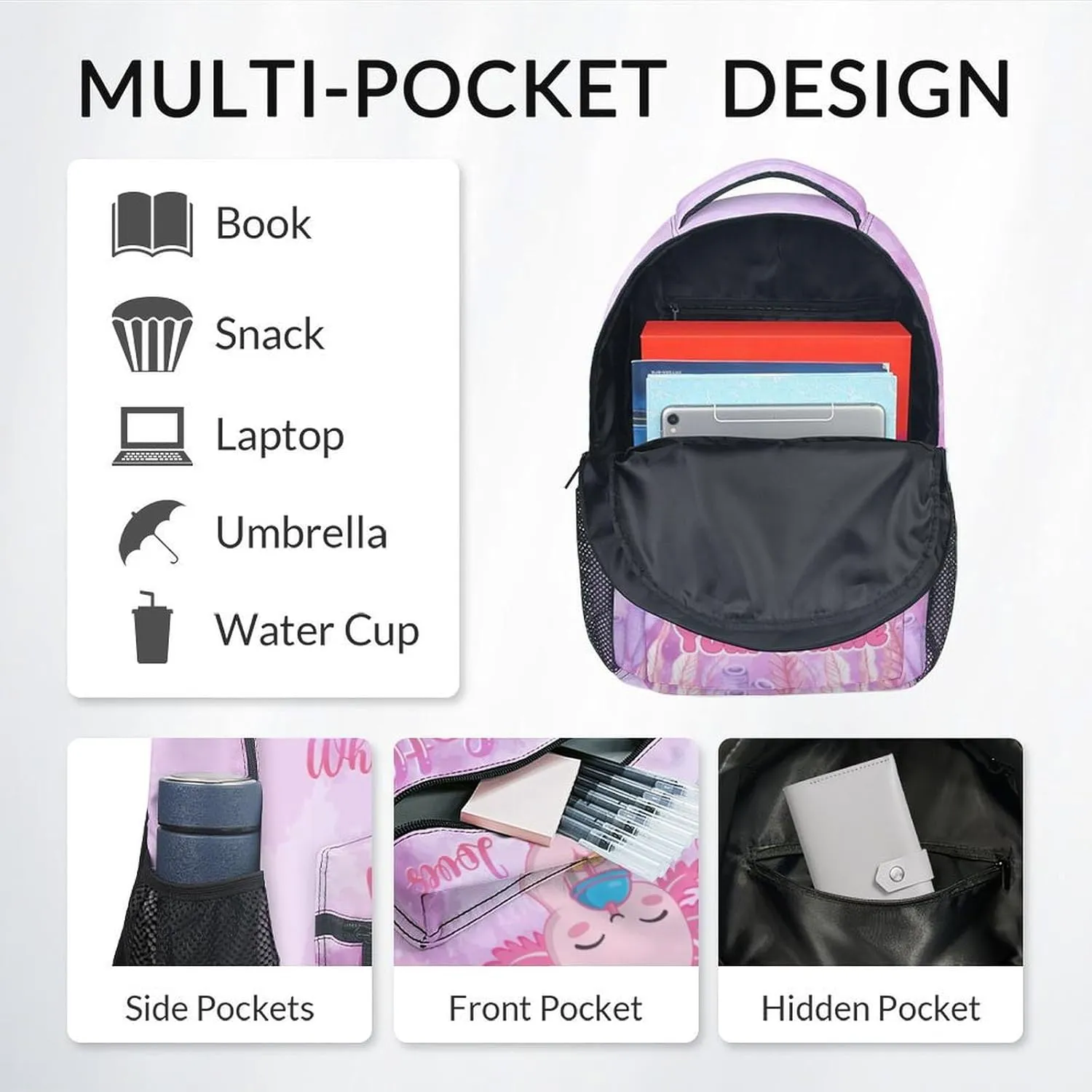 Custom Kids School Backpack - 17 Inch Cute Axolotl Bookbag for Girls - Durable Pink School Bag for Elementary & Travel