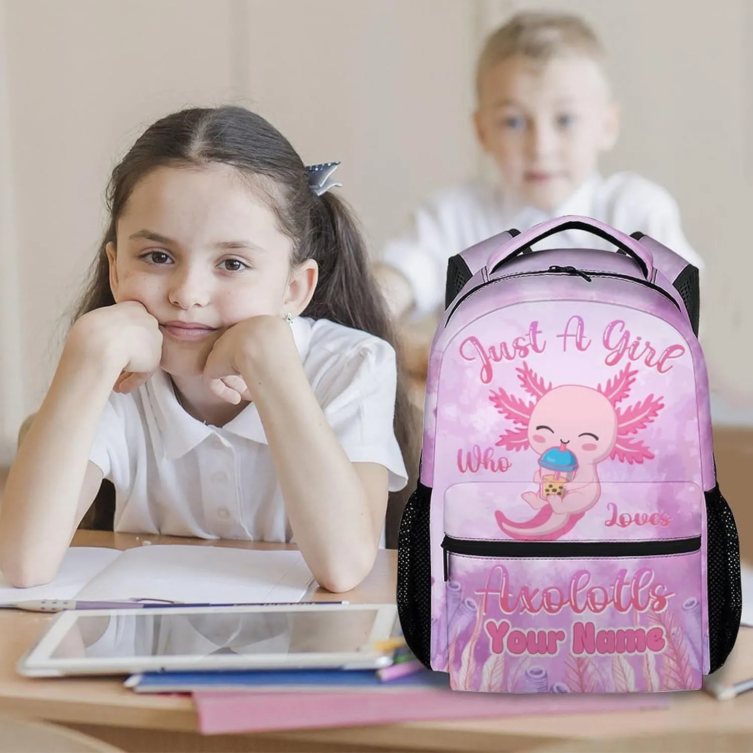 Custom Kids School Backpack - 17 Inch Cute Axolotl Bookbag for Girls - Durable Pink School Bag for Elementary & Travel
