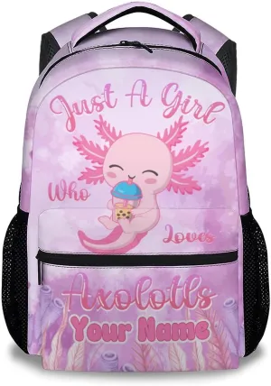 Custom Kids School Backpack - 17 Inch Cute Axolotl Bookbag for Girls - Durable Pink School Bag for Elementary & Travel