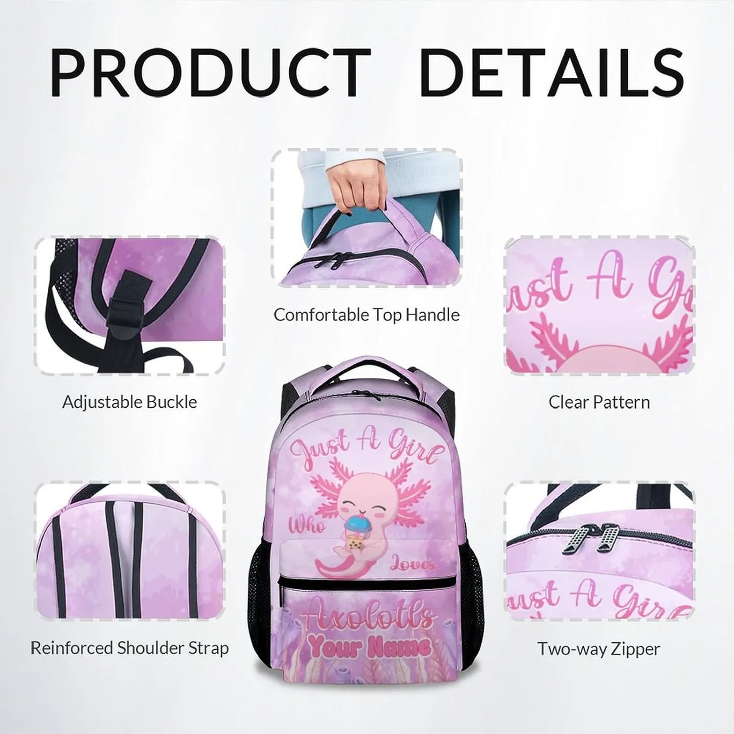 Custom Kids School Backpack - 17 Inch Cute Axolotl Bookbag for Girls - Durable Pink School Bag for Elementary & Travel