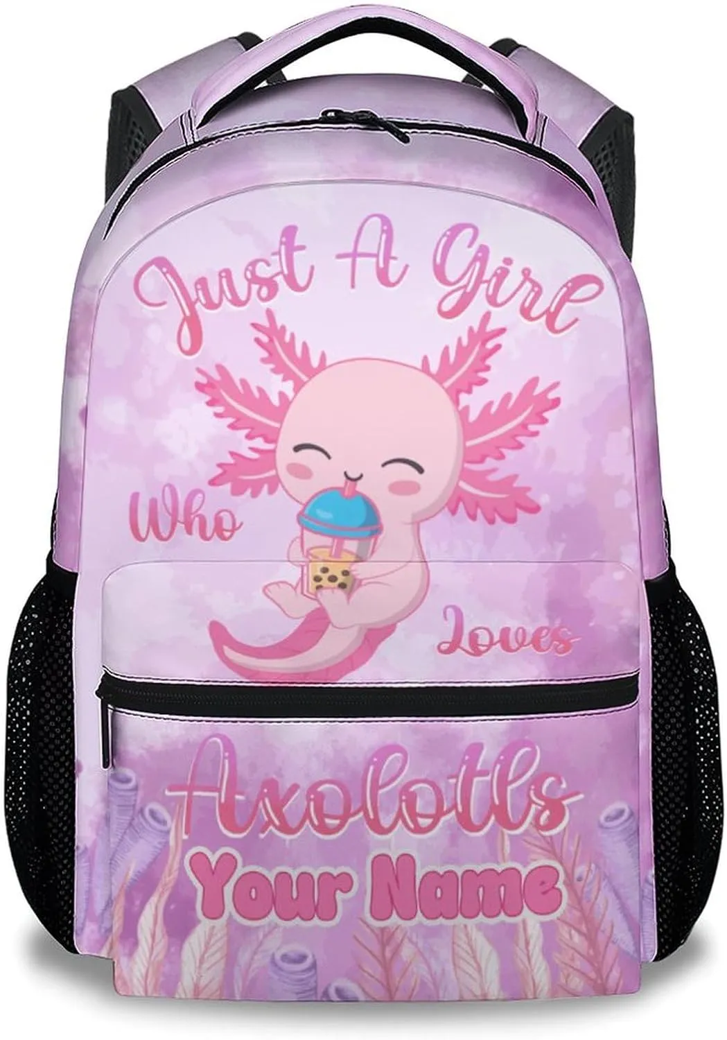 Custom Kids School Backpack - 17 Inch Cute Axolotl Bookbag for Girls - Durable Pink School Bag for Elementary & Travel