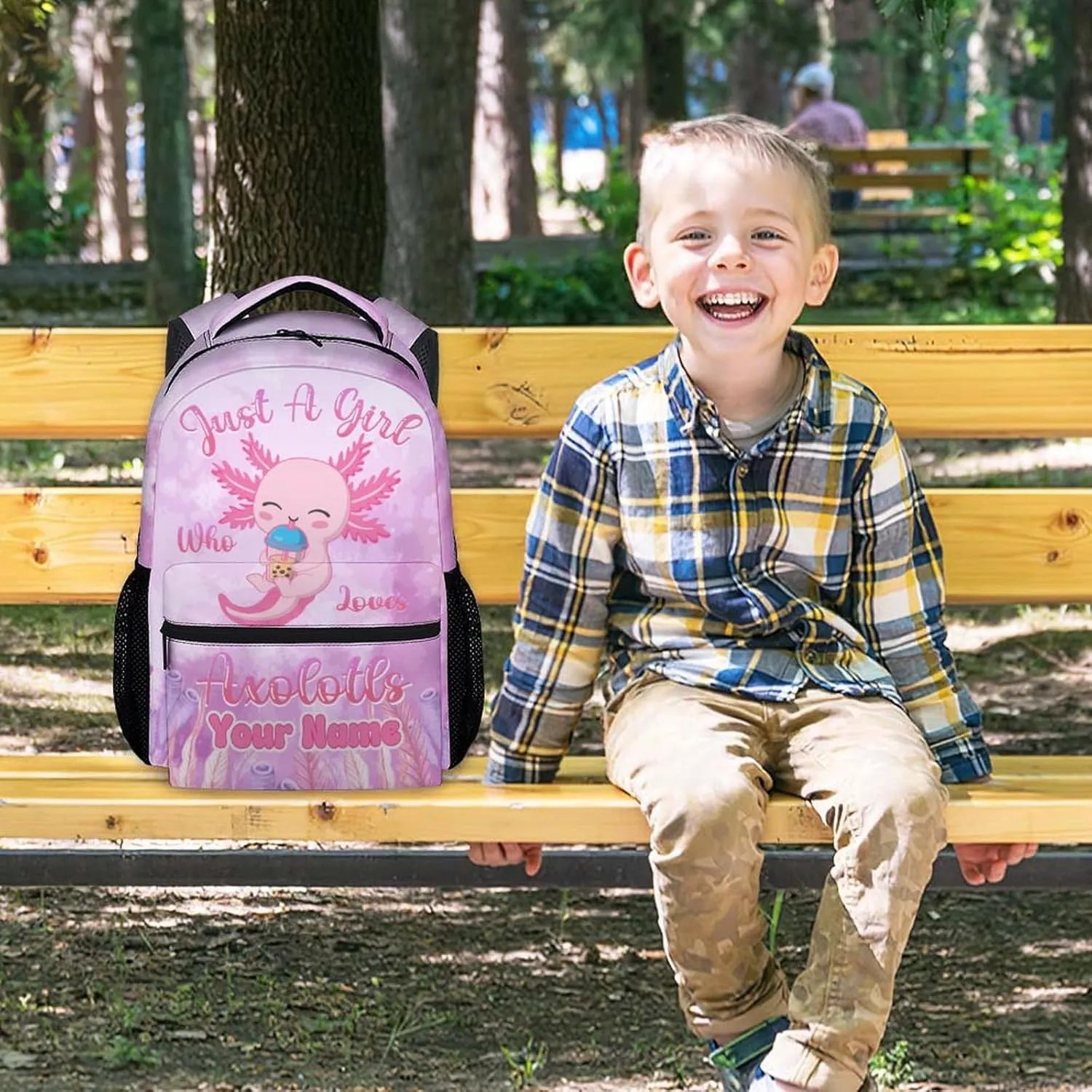 Custom Kids School Backpack - 17 Inch Cute Axolotl Bookbag for Girls - Durable Pink School Bag for Elementary & Travel