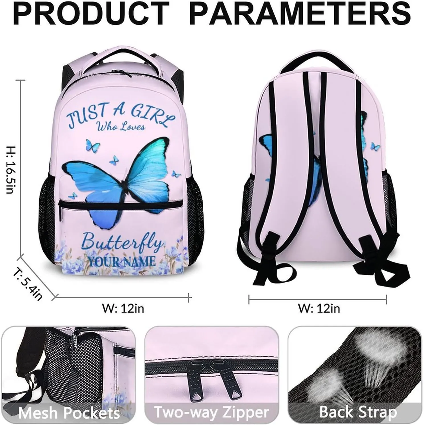 Custom Name School Backpack for Kids Girls - Personalized Butterfly Backpack for Kids Student 17" Lightweight Bookbag for School Schoolbag Elementary, Children Backpacks Ages 6-8
