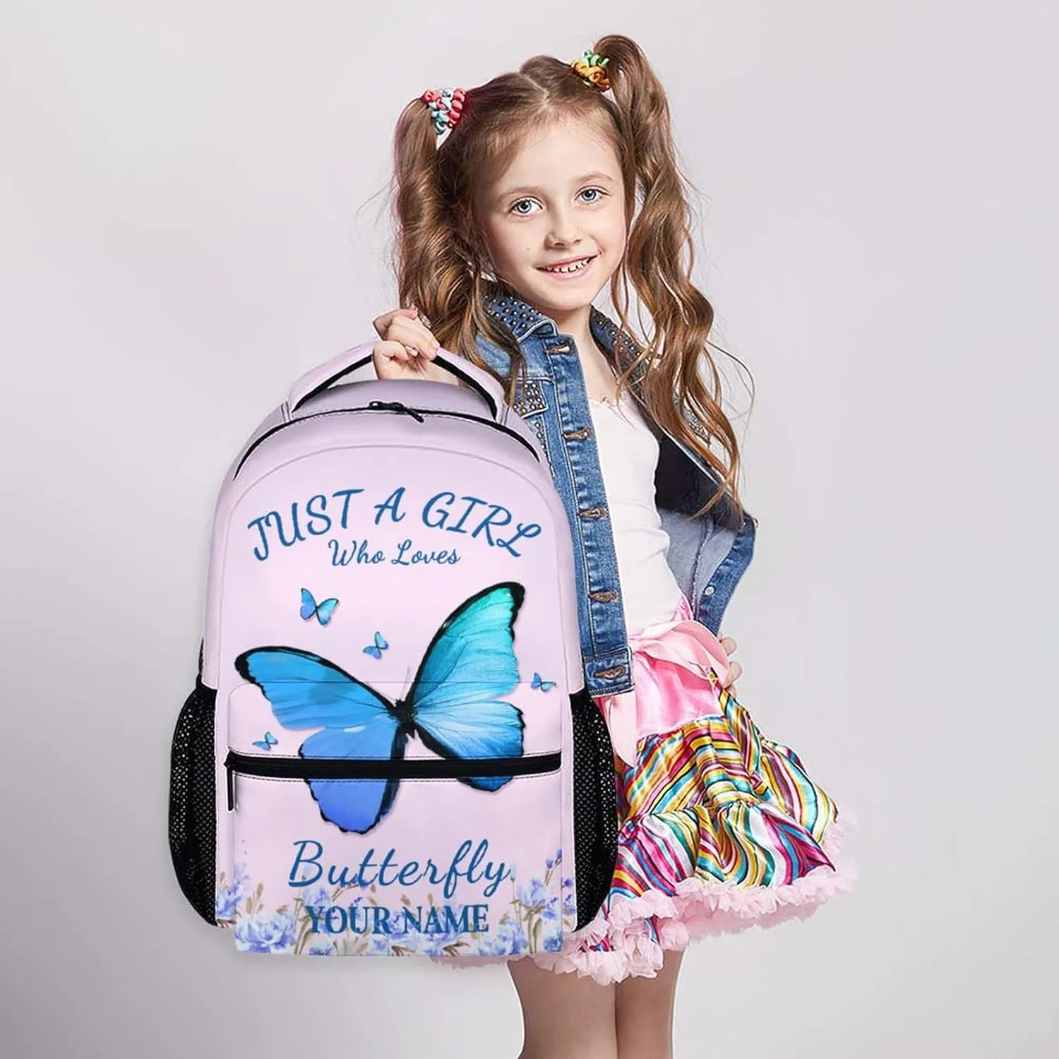 Custom Name School Backpack for Kids Girls - Personalized Butterfly Backpack for Kids Student 17" Lightweight Bookbag for School Schoolbag Elementary, Children Backpacks Ages 6-8