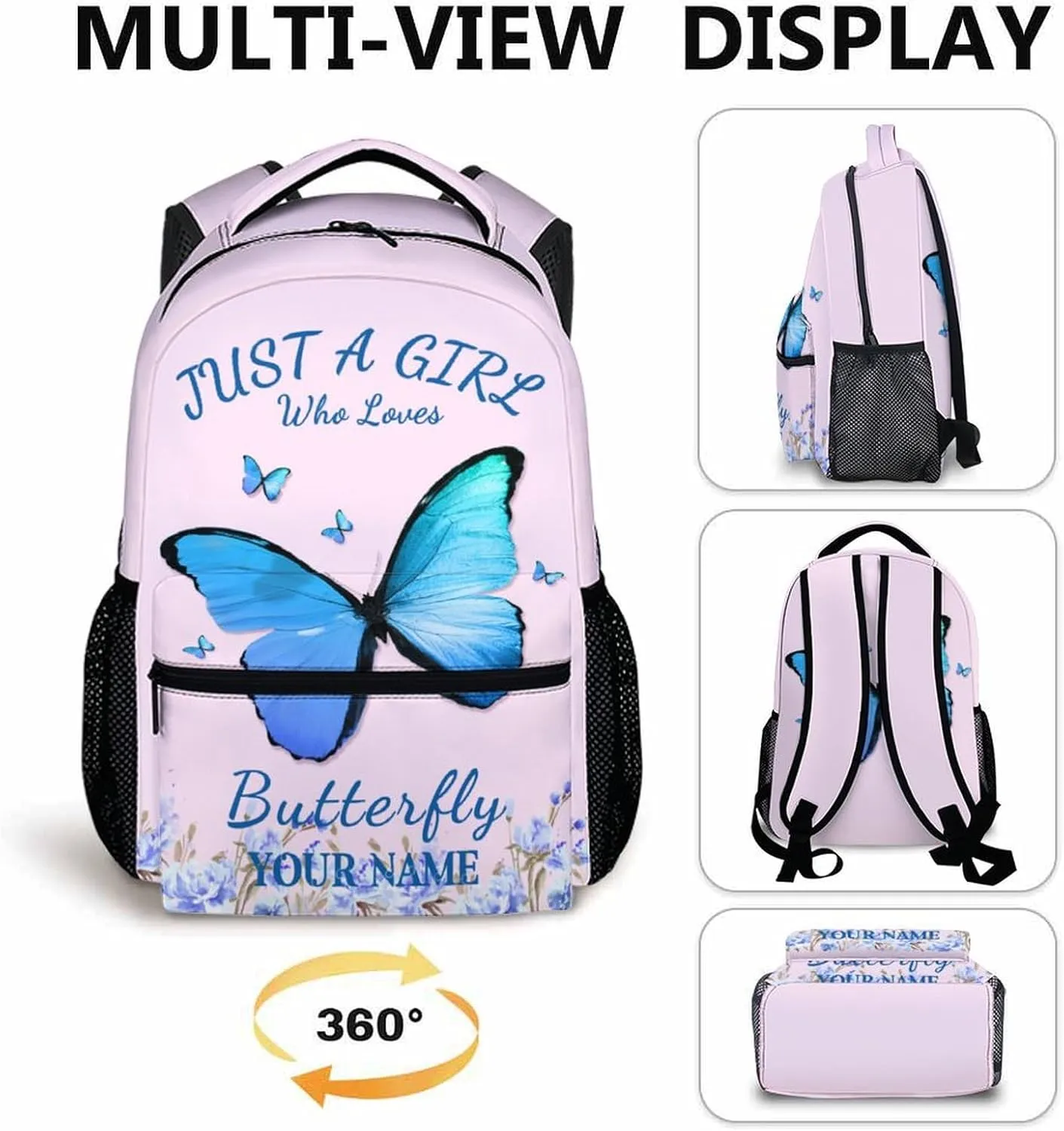 Custom Name School Backpack for Kids Girls - Personalized Butterfly Backpack for Kids Student 17" Lightweight Bookbag for School Schoolbag Elementary, Children Backpacks Ages 6-8