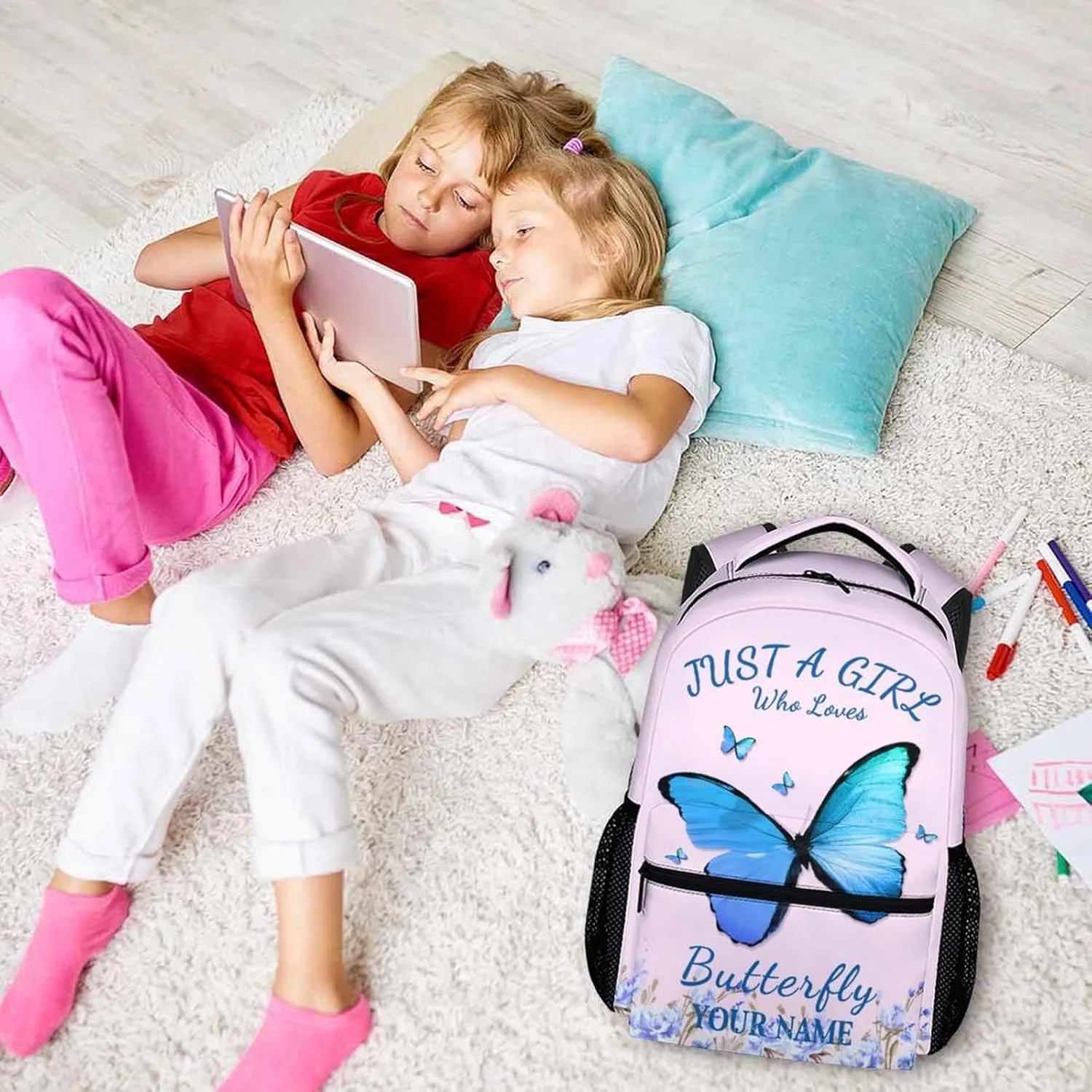 Custom Name School Backpack for Kids Girls - Personalized Butterfly Backpack for Kids Student 17" Lightweight Bookbag for School Schoolbag Elementary, Children Backpacks Ages 6-8