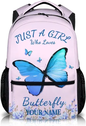 Custom Name School Backpack for Kids Girls - Personalized Butterfly Backpack for Kids Student 17" Lightweight Bookbag for School Schoolbag Elementary, Children Backpacks Ages 6-8