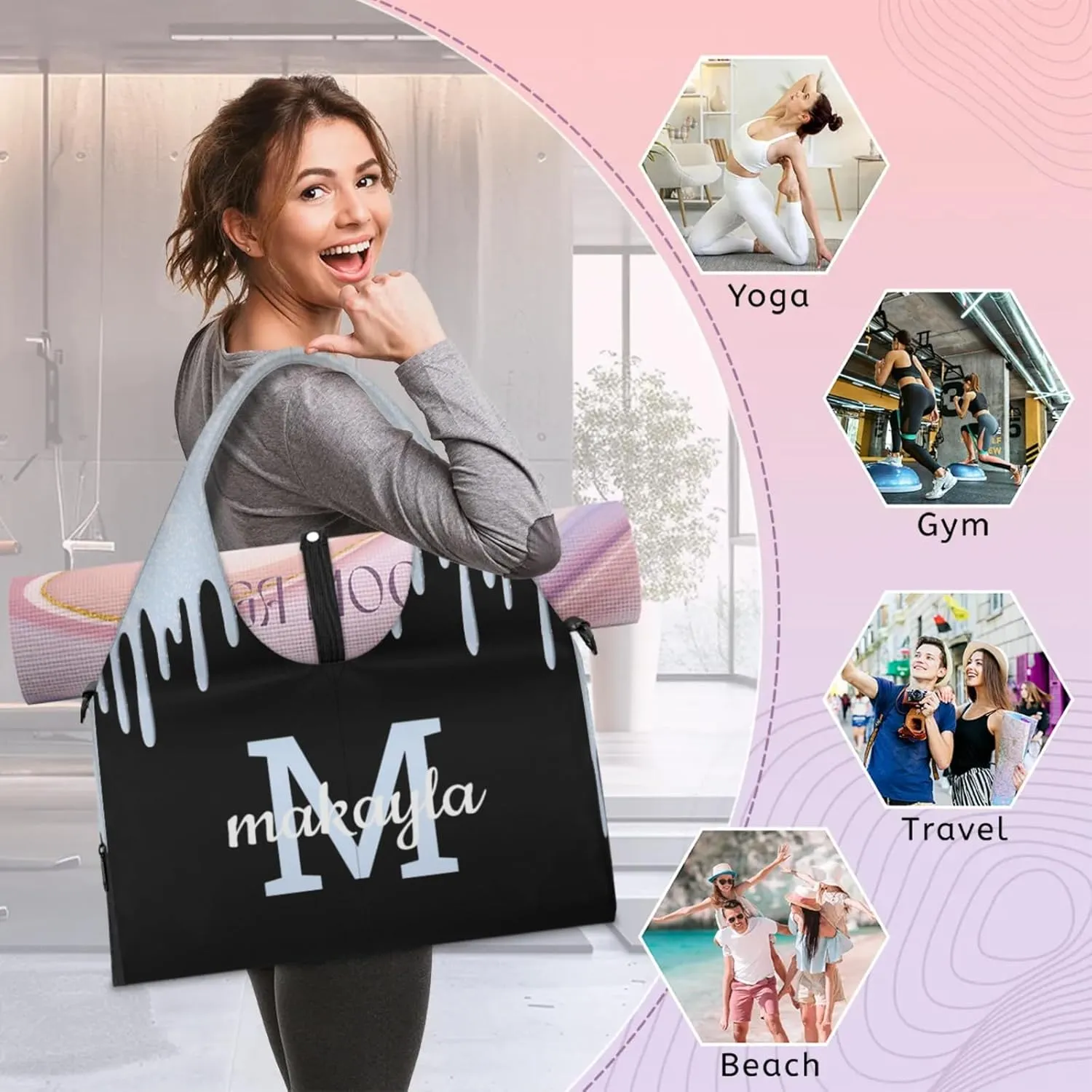 Custom Name Yoga Mat Bag for Women Personalized Sports Gym Duffle Shoulder Bags for Travel Pilates