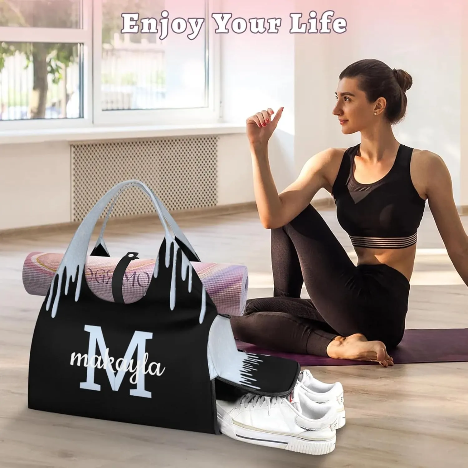 Custom Name Yoga Mat Bag for Women Personalized Sports Gym Duffle Shoulder Bags for Travel Pilates