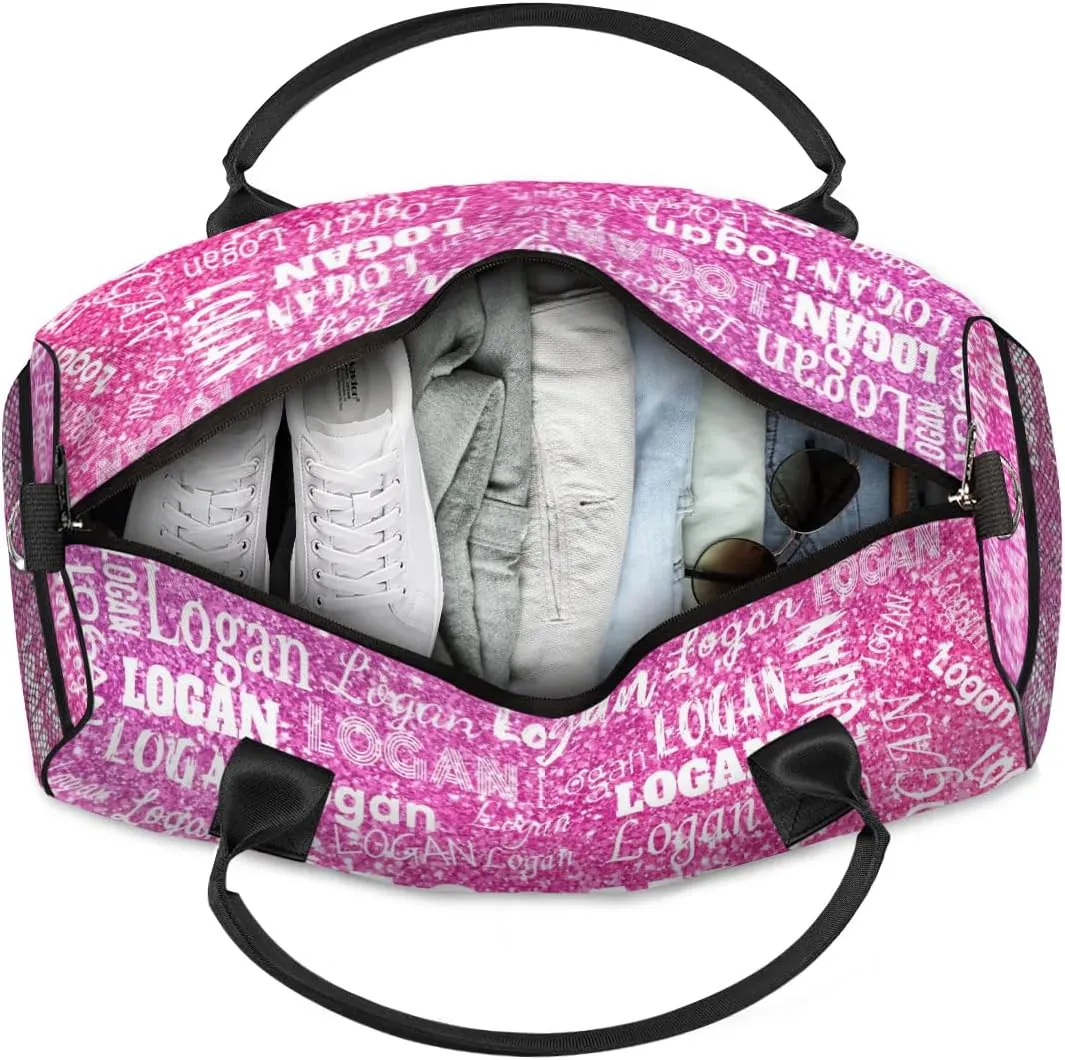 Custom Pink Names Dance Gym Bag, Personalized Dance Sport Duffel Gymnastics Bag Travel Weekender Outdoor Tote Carry-On Bag, Romantic Bright Hot Pink Glittering Effect