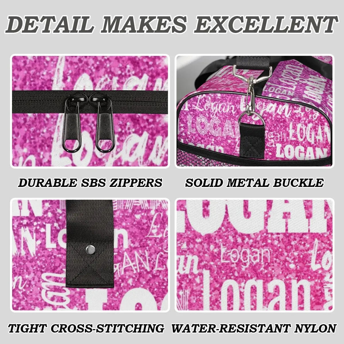 Custom Pink Names Dance Gym Bag, Personalized Dance Sport Duffel Gymnastics Bag Travel Weekender Outdoor Tote Carry-On Bag, Romantic Bright Hot Pink Glittering Effect