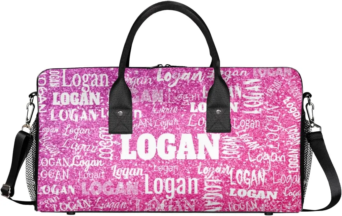Custom Pink Names Dance Gym Bag, Personalized Dance Sport Duffel Gymnastics Bag Travel Weekender Outdoor Tote Carry-On Bag, Romantic Bright Hot Pink Glittering Effect