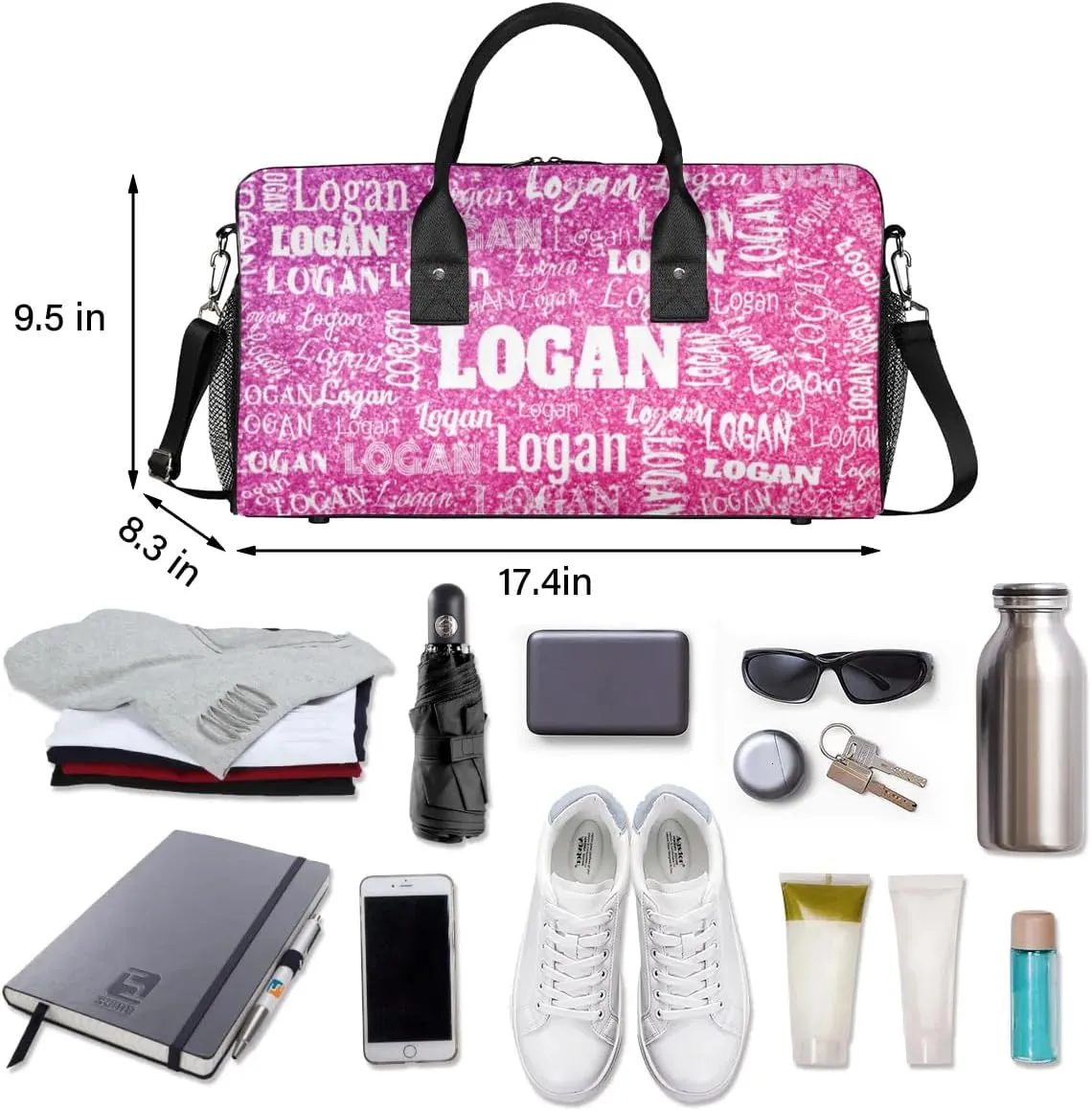 Custom Pink Names Dance Gym Bag, Personalized Dance Sport Duffel Gymnastics Bag Travel Weekender Outdoor Tote Carry-On Bag, Romantic Bright Hot Pink Glittering Effect