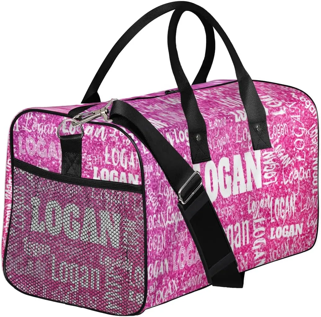 Custom Pink Names Dance Gym Bag, Personalized Dance Sport Duffel Gymnastics Bag Travel Weekender Outdoor Tote Carry-On Bag, Romantic Bright Hot Pink Glittering Effect