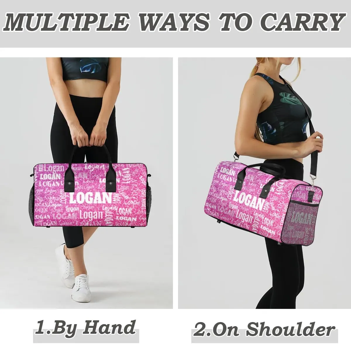 Custom Pink Names Dance Gym Bag, Personalized Dance Sport Duffel Gymnastics Bag Travel Weekender Outdoor Tote Carry-On Bag, Romantic Bright Hot Pink Glittering Effect