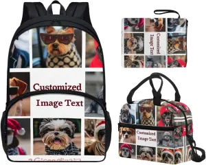 Custom Print Girls School Backpack Set with Lunch Bag for 6th Grade Reusable Lunch Box for Boys Picnic Book Sleeve with Zipper for Junior High School 17-Inch Bookbag Easy to Clean 3 Pcs
