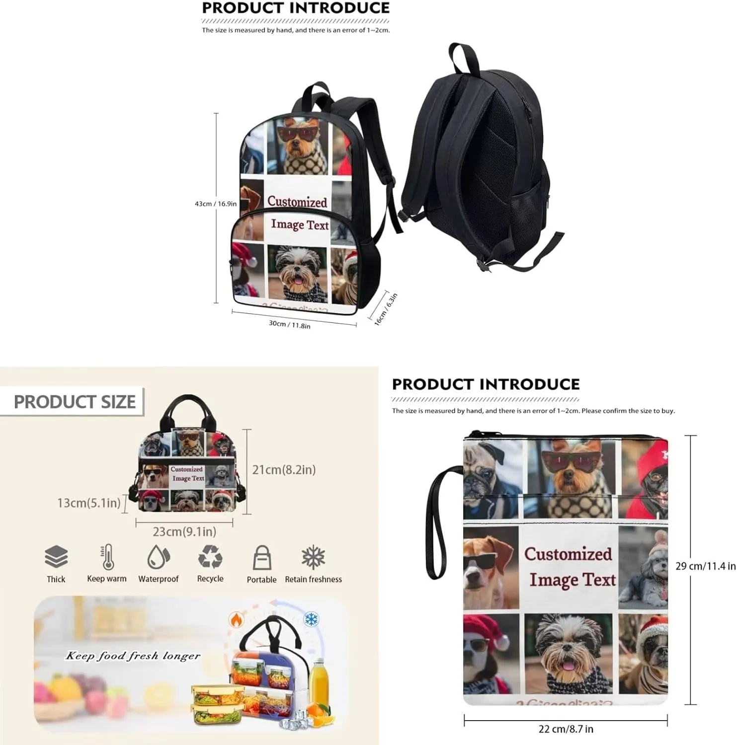 Custom Print Girls School Backpack Set with Lunch Bag for 6th Grade Reusable Lunch Box for Boys Picnic Book Sleeve with Zipper for Junior High School 17-Inch Bookbag Easy to Clean 3 Pcs