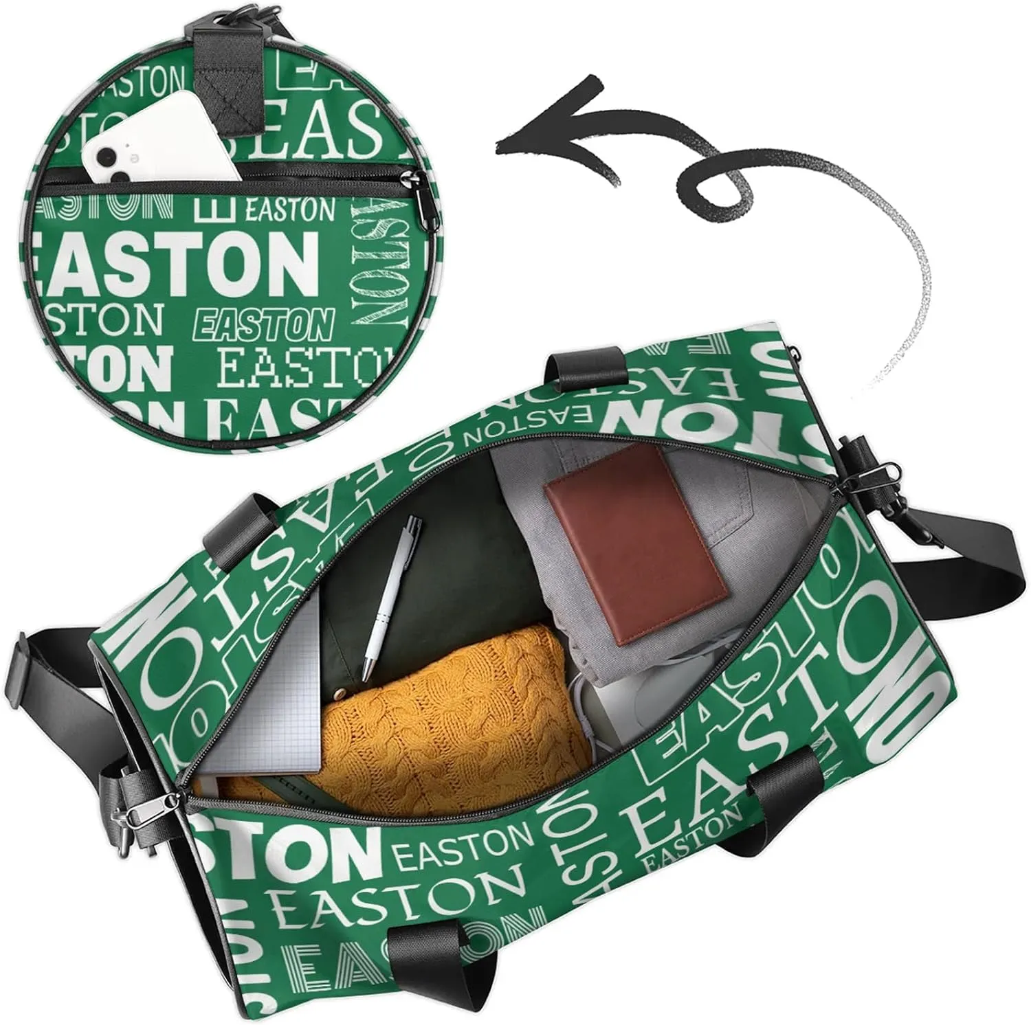 Custom Sport Gym Duffel Bag with Name Round Personalized Travel Overnight Bag Waterproof Customized Dance Bag Carry-On Tote 17.6in, Green