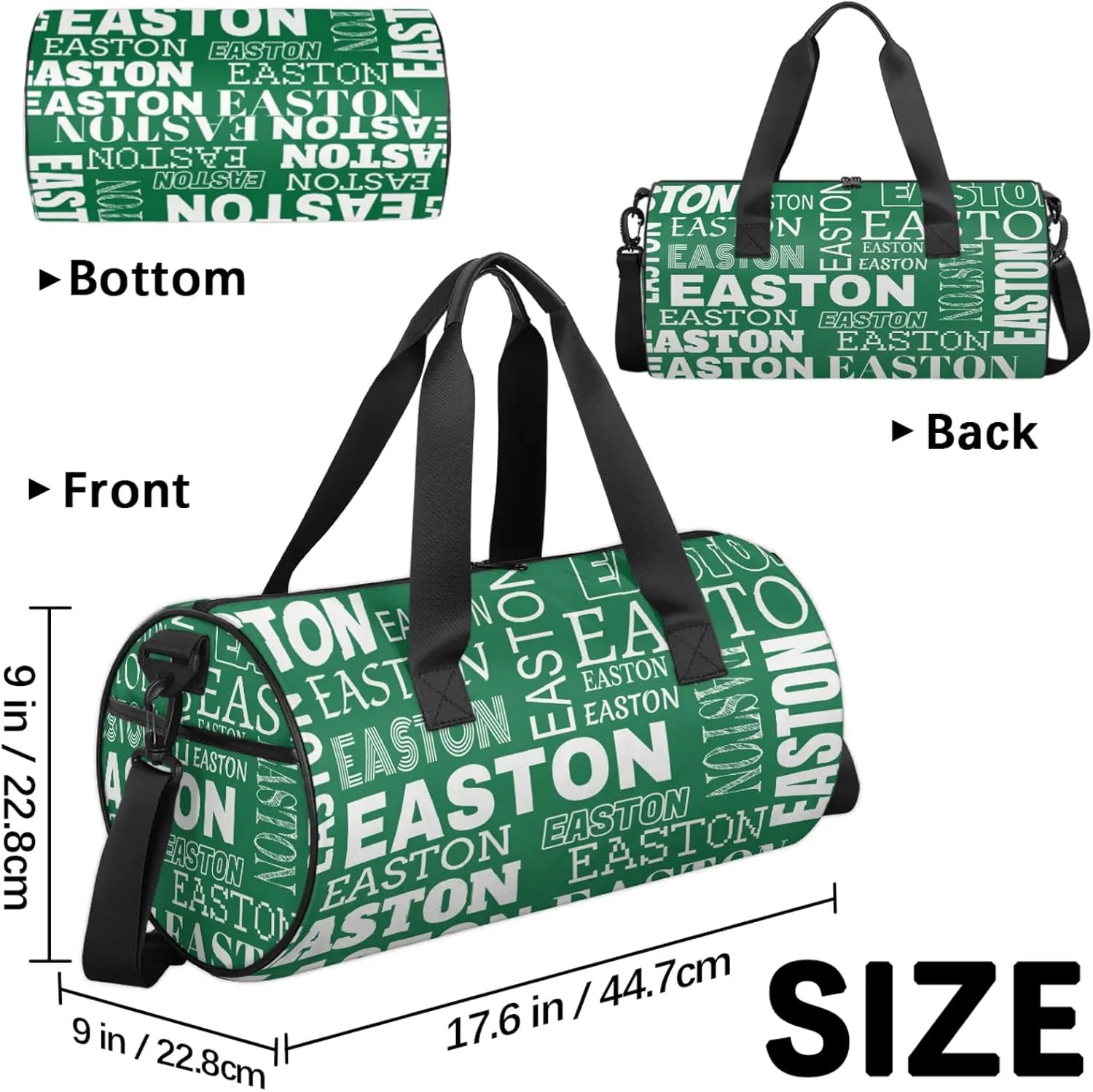 Custom Sport Gym Duffel Bag with Name Round Personalized Travel Overnight Bag Waterproof Customized Dance Bag Carry-On Tote 17.6in, Green