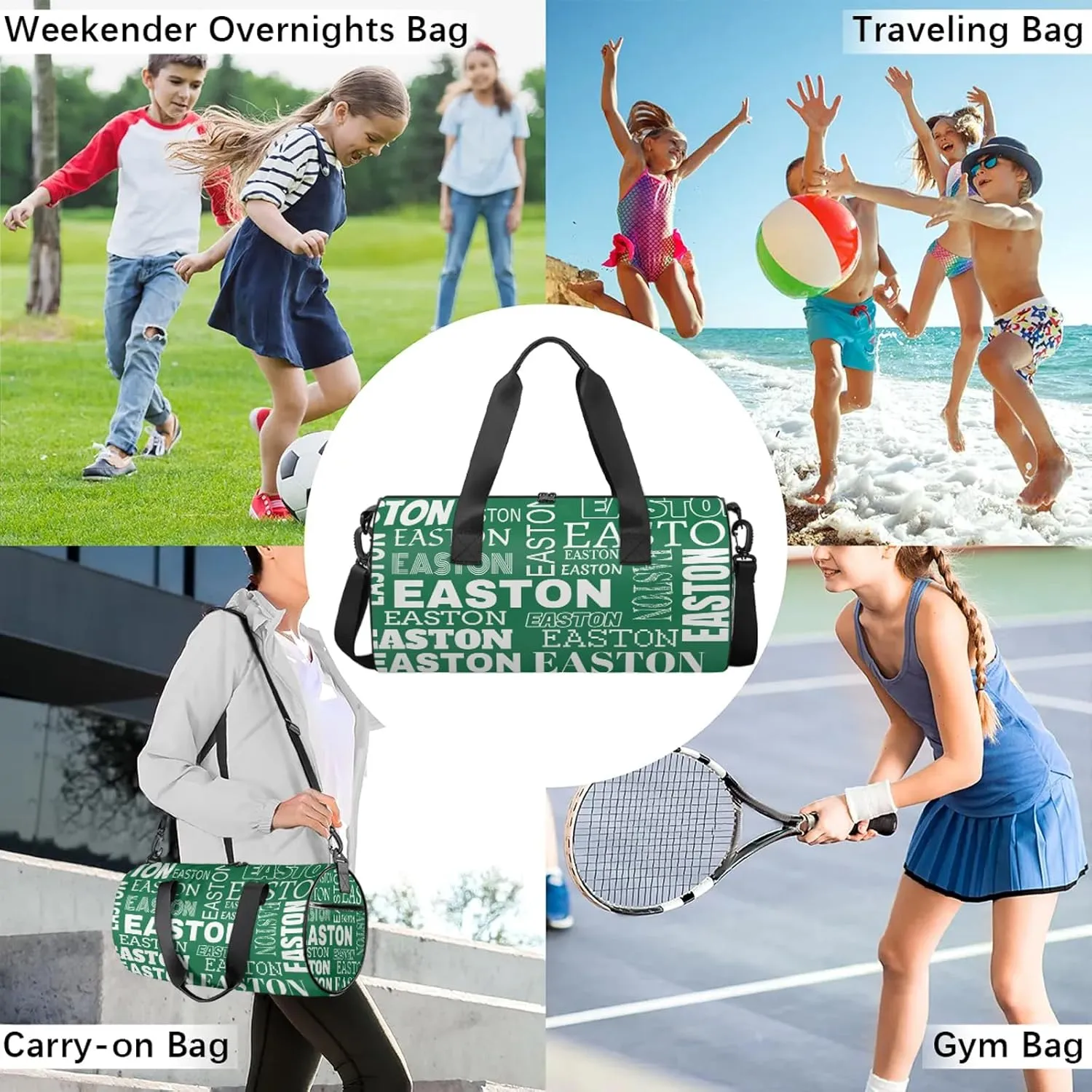 Custom Sport Gym Duffel Bag with Name Round Personalized Travel Overnight Bag Waterproof Customized Dance Bag Carry-On Tote 17.6in, Green