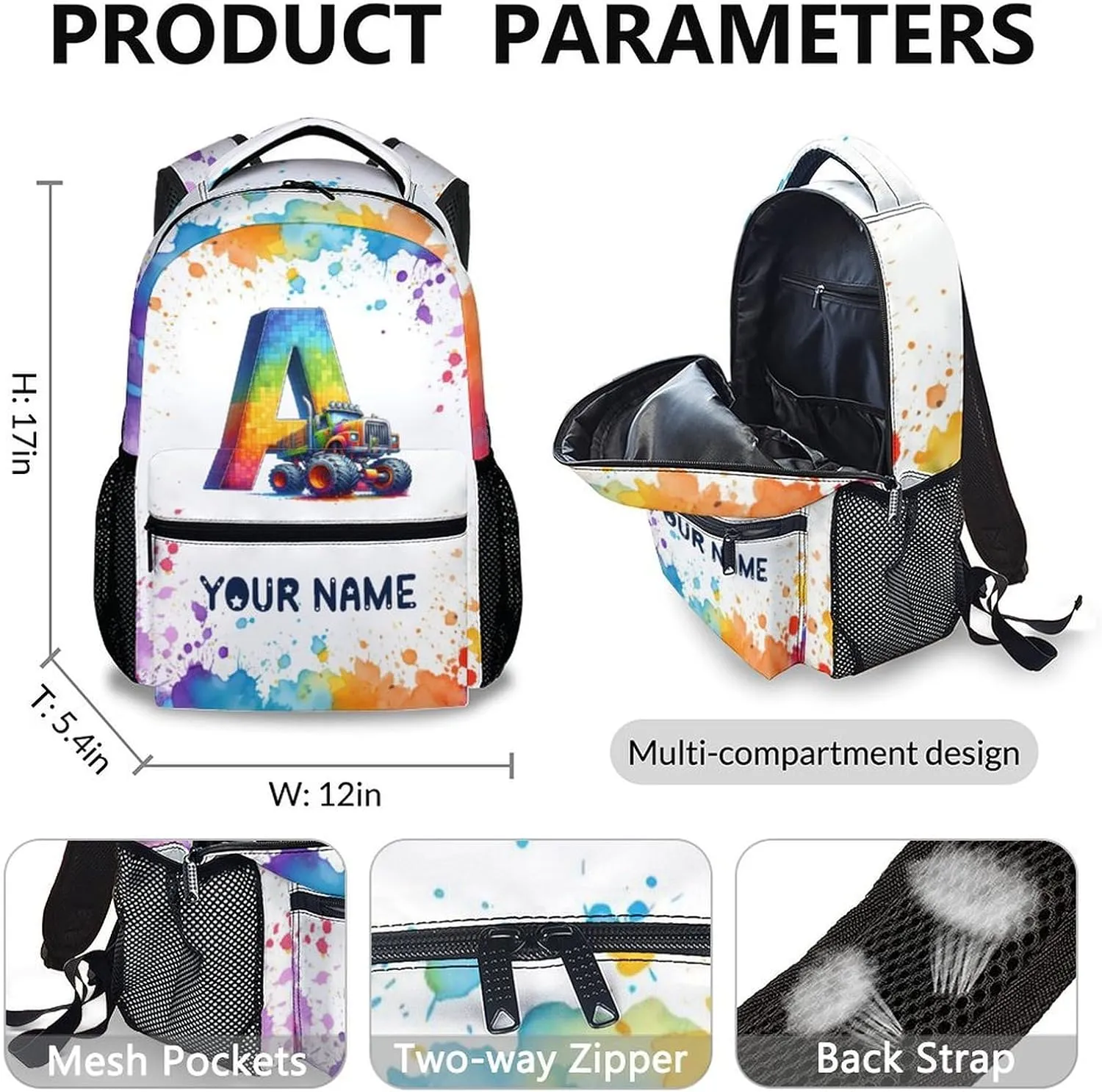 Custom Truck Backpack, 17 Inch Personalized Kids Bookbags, Custom Initial School Bag for Boys, Set of 3 School Bag Matching Combo, Preschool Elementary Kindergarten Backpack