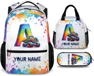Custom Truck Backpack, 17 Inch Personalized Kids Bookbags, Custom Initial School Bag for Boys, Set of 3 School Bag Matching Combo, Preschool Elementary Kindergarten Backpack