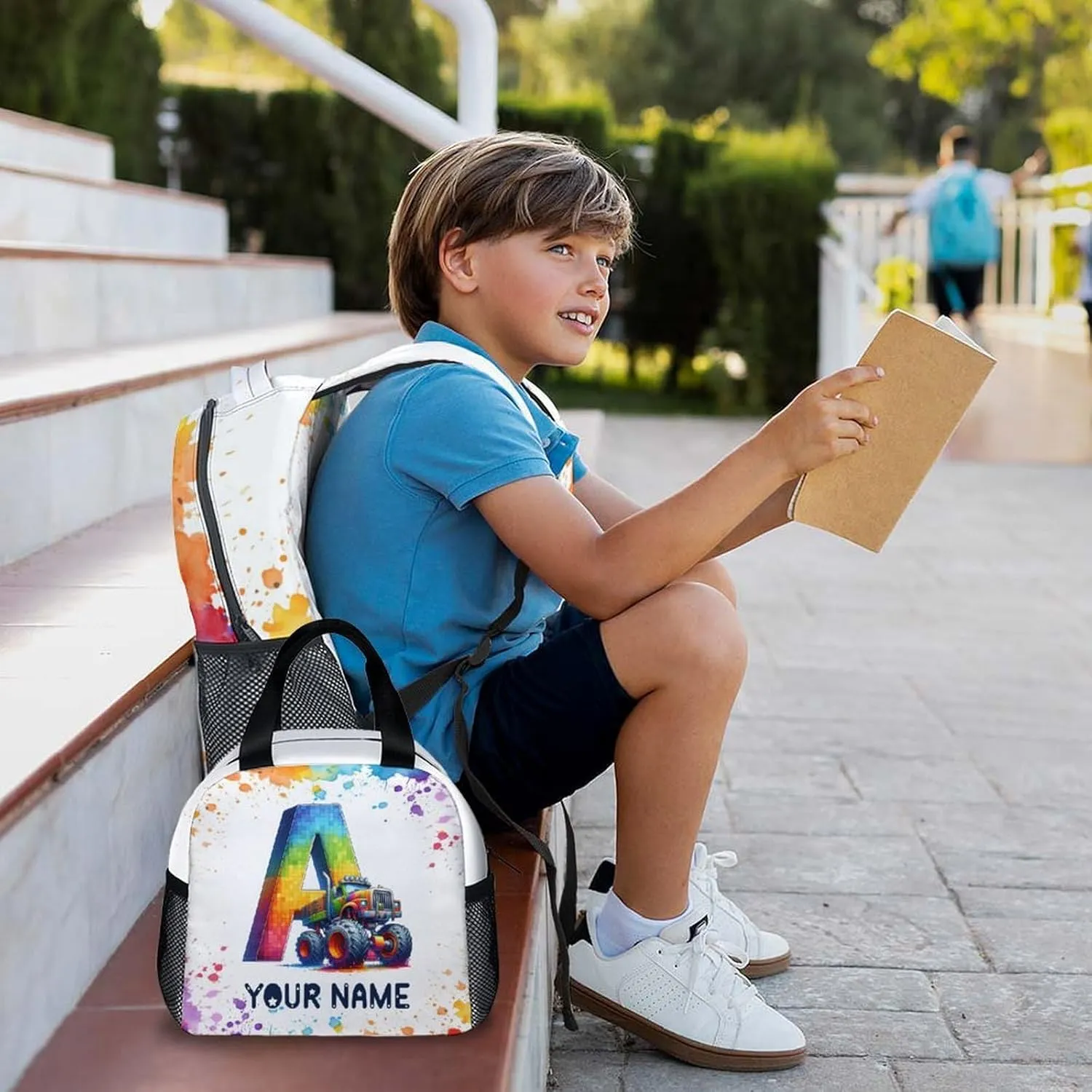 Custom Truck Backpack, 17 Inch Personalized Kids Bookbags, Custom Initial School Bag for Boys, Set of 3 School Bag Matching Combo, Preschool Elementary Kindergarten Backpack
