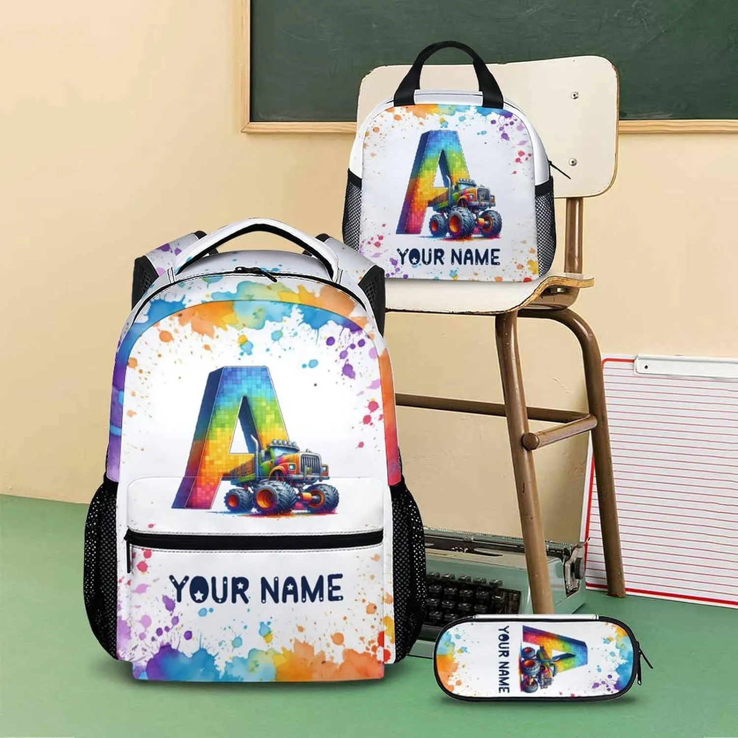 Custom Truck Backpack, 17 Inch Personalized Kids Bookbags, Custom Initial School Bag for Boys, Set of 3 School Bag Matching Combo, Preschool Elementary Kindergarten Backpack
