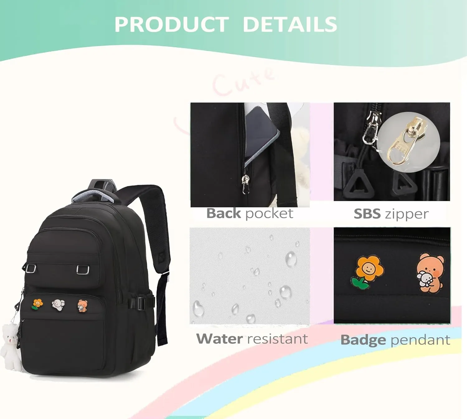Cute Aesthetic School Backpack for Teens Girls Boys Women, College Laptop Bookbag for High Middle School Student (Black)