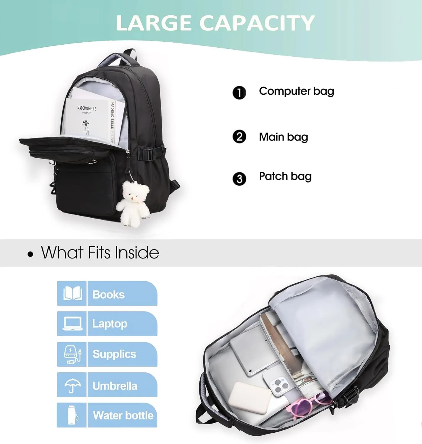 Cute Aesthetic School Backpack for Teens Girls Boys Women, College Laptop Bookbag for High Middle School Student (Black)