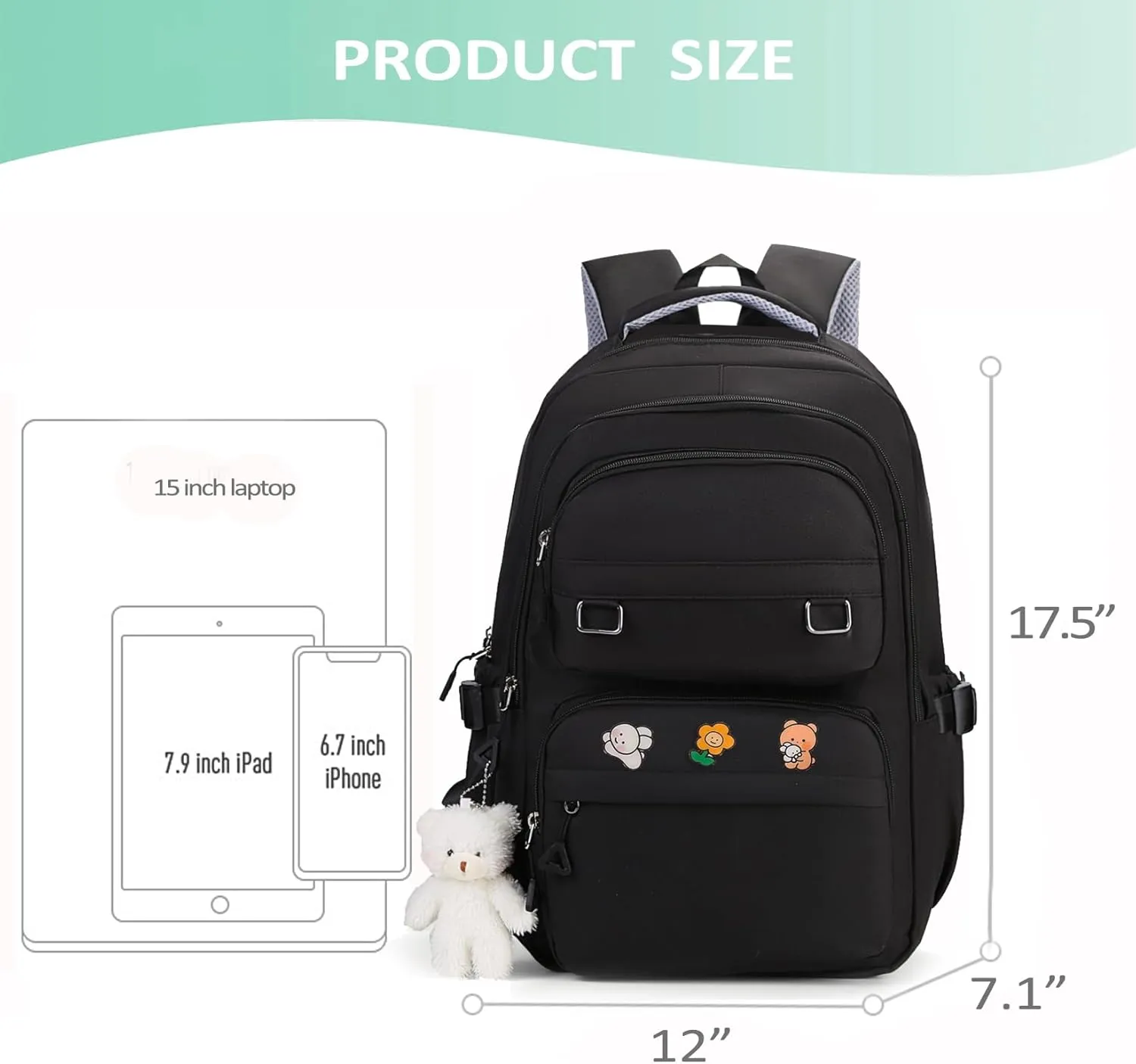 Cute Aesthetic School Backpack for Teens Girls Boys Women, College Laptop Bookbag for High Middle School Student (Black)