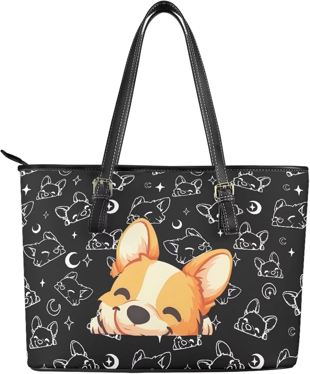 Cute Animals Tote Bag for Women Faux Leather Zipper Hobo Bag, Cartoon Puppy Shoulder Work Tote Purse for Laptop