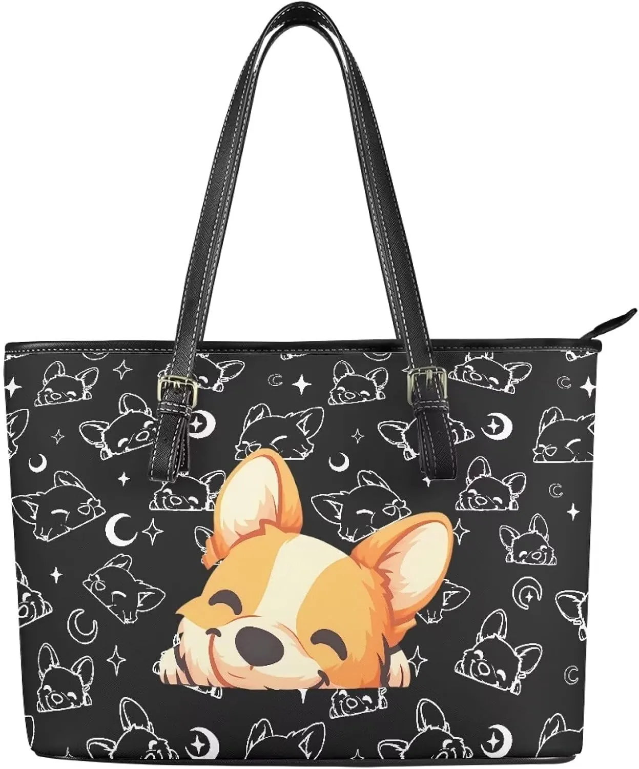 Cute Animals Tote Bag for Women Faux Leather Zipper Hobo Bag, Cartoon Puppy Shoulder Work Tote Purse for Laptop