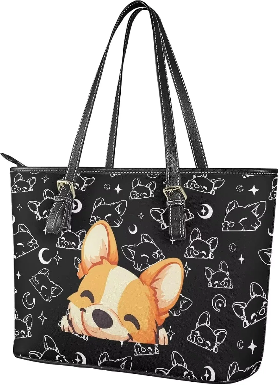 Cute Animals Tote Bag for Women Faux Leather Zipper Hobo Bag, Cartoon Puppy Shoulder Work Tote Purse for Laptop