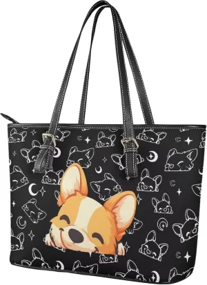 Cute Animals Tote Bag for Women Faux Leather Zipper Hobo Bag, Cartoon Puppy Shoulder Work Tote Purse for Laptop