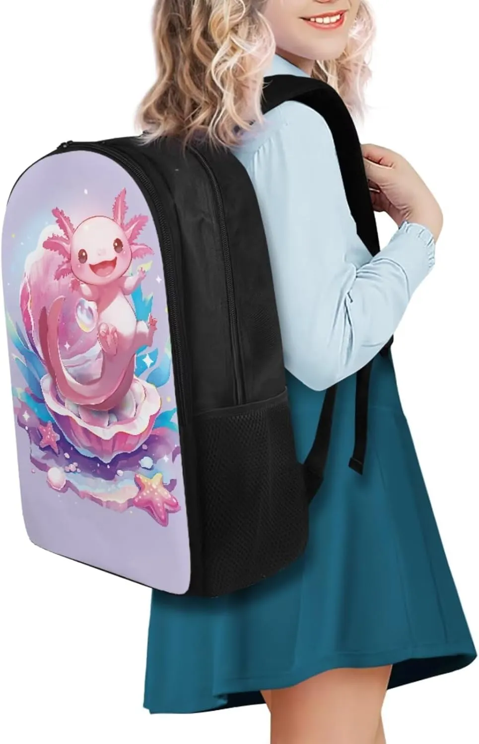 Cute Axolotl Backpack Set for Girls Bookbags for 7Th Grade Girls Schoolbag with Lunch Bag Pencil Bag Water Bottle Sleeve Lightweight Shoulder bag with Adjustable Shoulder Strap