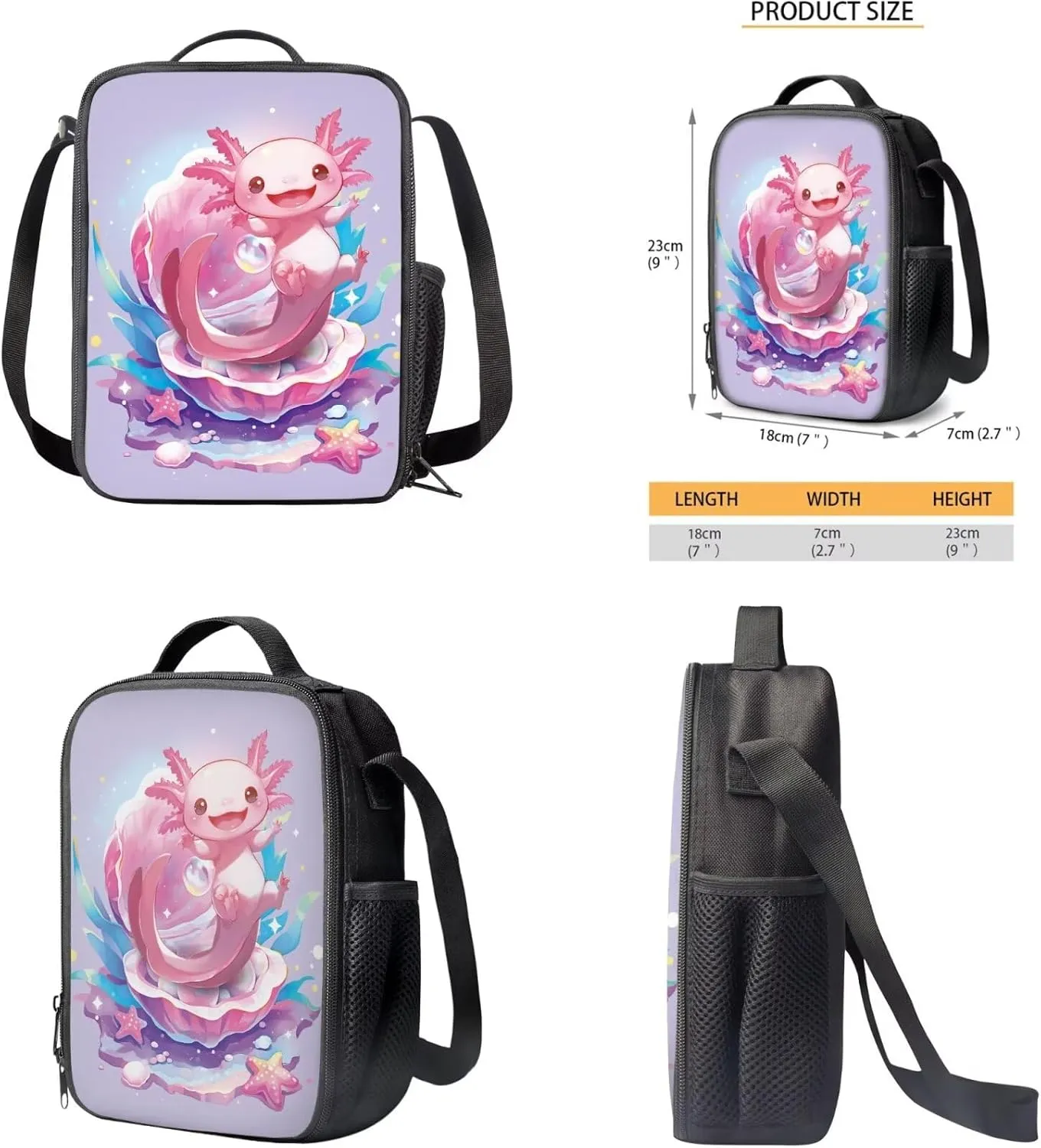 Cute Axolotl Backpack Set for Girls Bookbags for 7Th Grade Girls Schoolbag with Lunch Bag Pencil Bag Water Bottle Sleeve Lightweight Shoulder bag with Adjustable Shoulder Strap