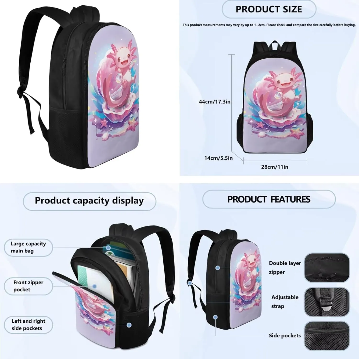 Cute Axolotl Backpack Set for Girls Bookbags for 7Th Grade Girls Schoolbag with Lunch Bag Pencil Bag Water Bottle Sleeve Lightweight Shoulder bag with Adjustable Shoulder Strap