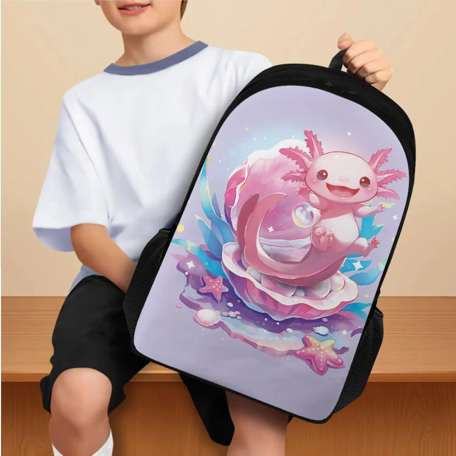 Cute Axolotl Backpack Set for Girls Bookbags for 7Th Grade Girls Schoolbag with Lunch Bag Pencil Bag Water Bottle Sleeve Lightweight Shoulder bag with Adjustable Shoulder Strap