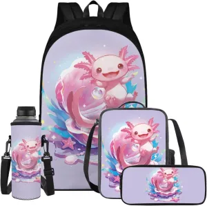 Cute Axolotl Backpack Set for Girls Bookbags for 7Th Grade Girls Schoolbag with Lunch Bag Pencil Bag Water Bottle Sleeve Lightweight Shoulder bag with Adjustable Shoulder Strap