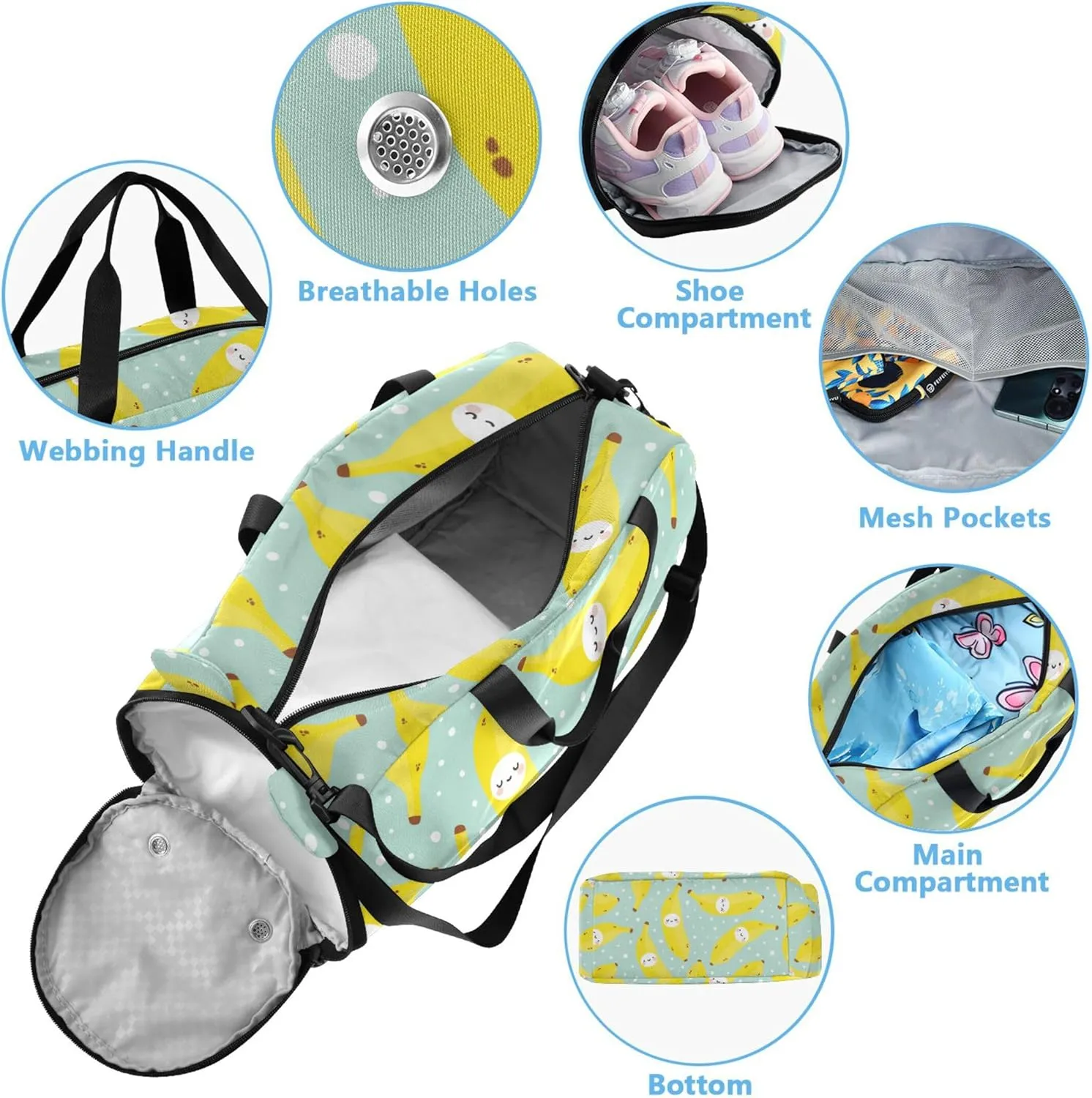Cute Bananas Duffel Bag with Shoes Compartment Multifunctional Sports Bag Travel Tote for Beach Swim Bags Pool Sports