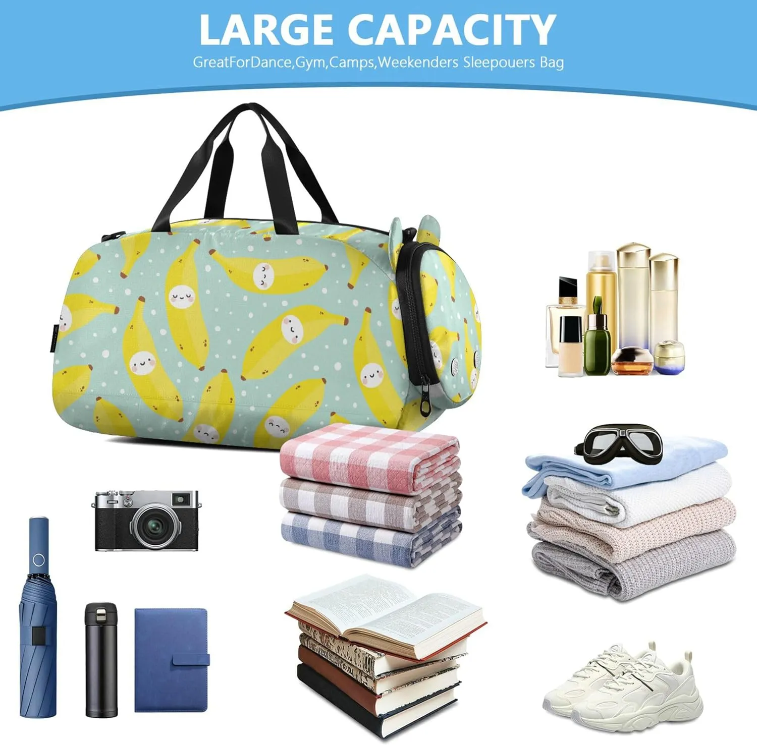 Cute Bananas Duffel Bag with Shoes Compartment Multifunctional Sports Bag Travel Tote for Beach Swim Bags Pool Sports