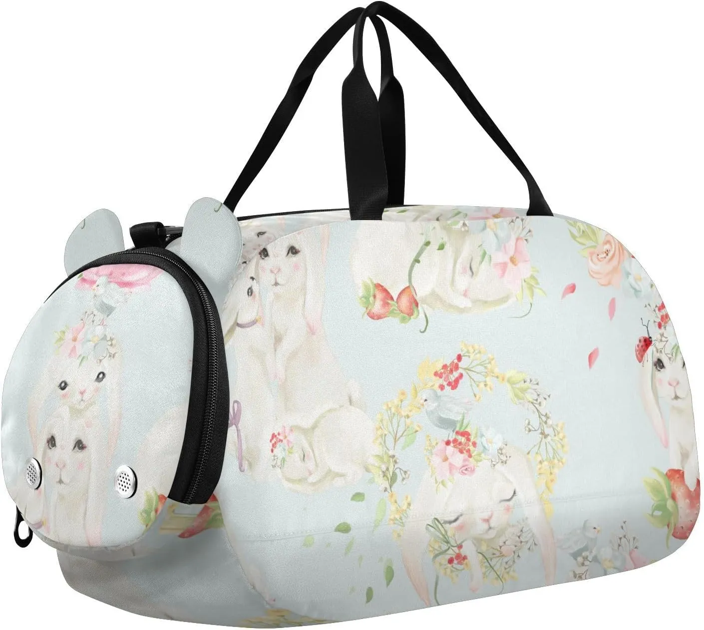 Cute Bunny with Flowers Gym Travel Duffel Bag with Shoe Compartment for Boys Girls - Gymnastics Sports Dance Football Travel Bag Teens Weekender Sleepover