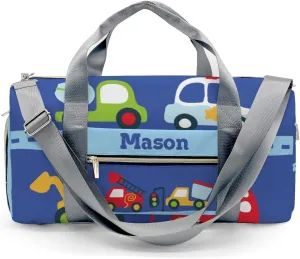 Cute Car Transport Personalized Duffel Bag,Custom Travel Gym Bag with Name,Waterproof Sports Overnight Bag with Shoe Compartment & Shoulder Strap