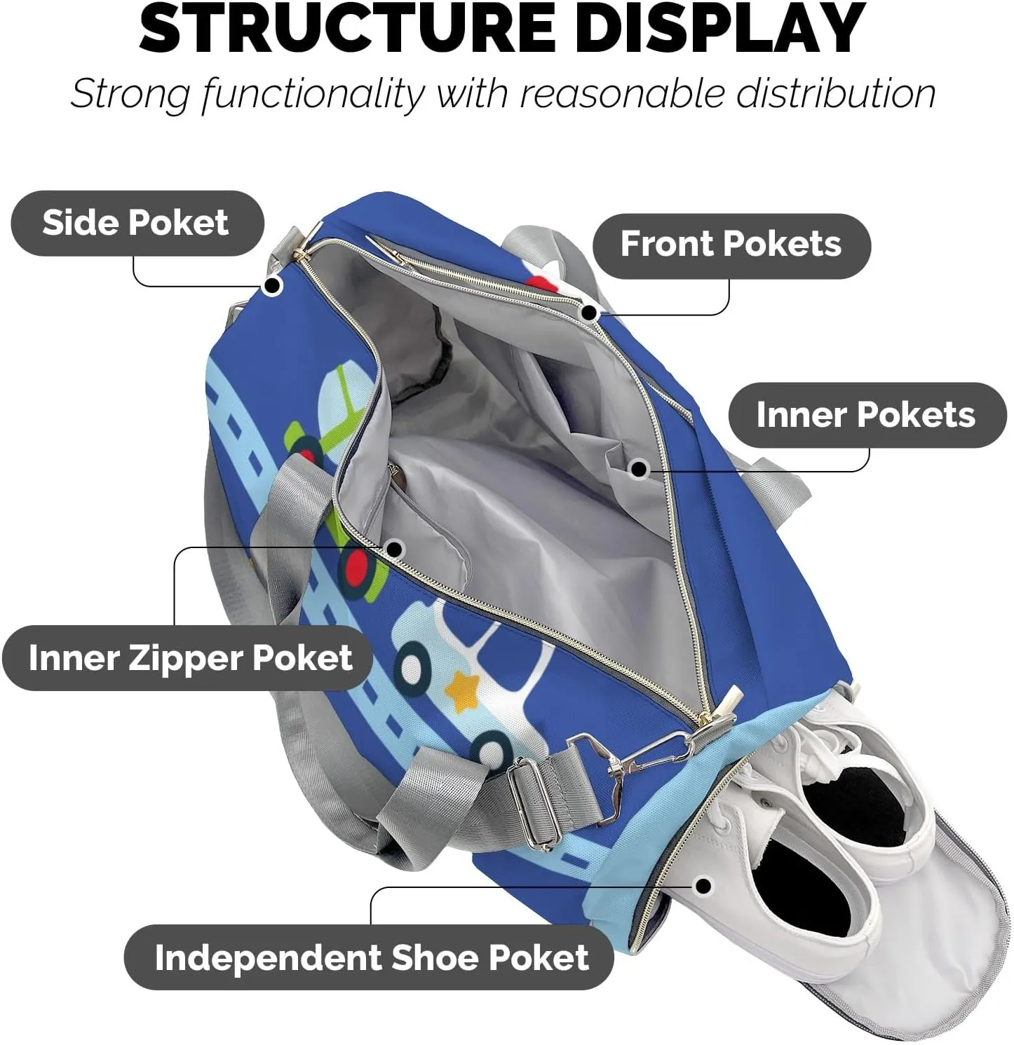 Cute Car Transport Personalized Duffel Bag,Custom Travel Gym Bag with Name,Waterproof Sports Overnight Bag with Shoe Compartment & Shoulder Strap